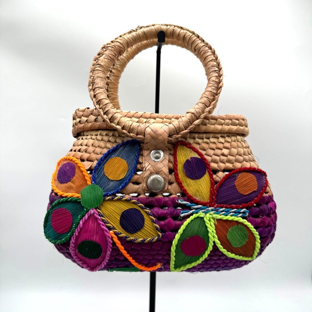 Ecologist Palm Folk Art Handmade Mexica Bag Tan purple tropical Butterflies colo